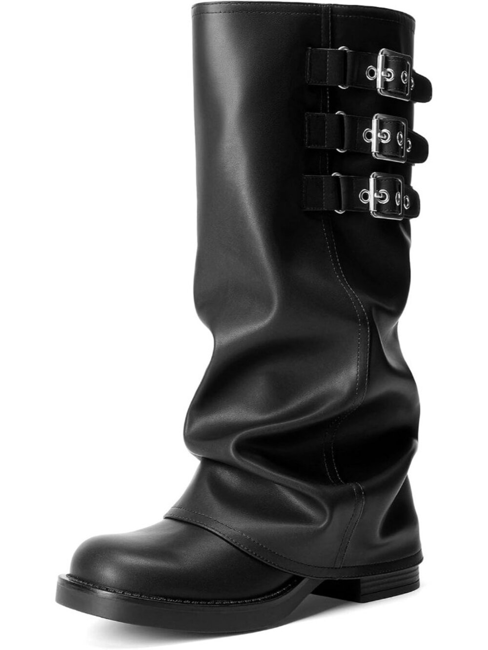 Women's Black Fashion Adjustable Buckle Low Chunky Heel Comfort Slouchy Boots